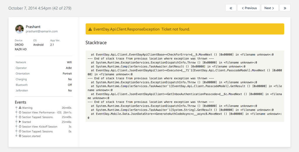 A stacktrace in Xamarin Insights