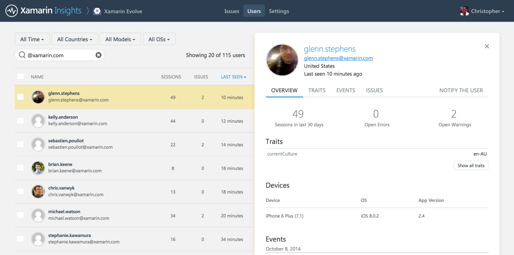 The Users feature in Xamarin Insights