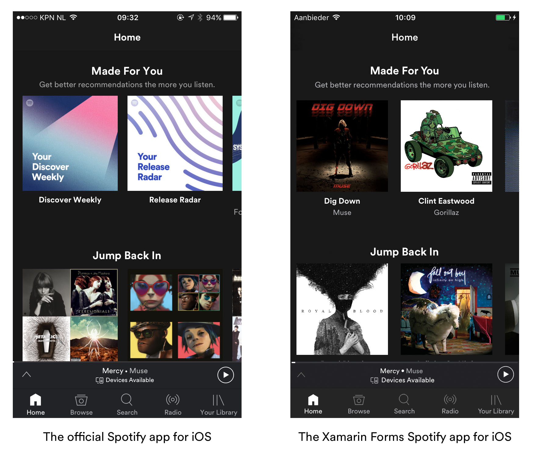 Spotify UI - Startscreen in iOS comparison