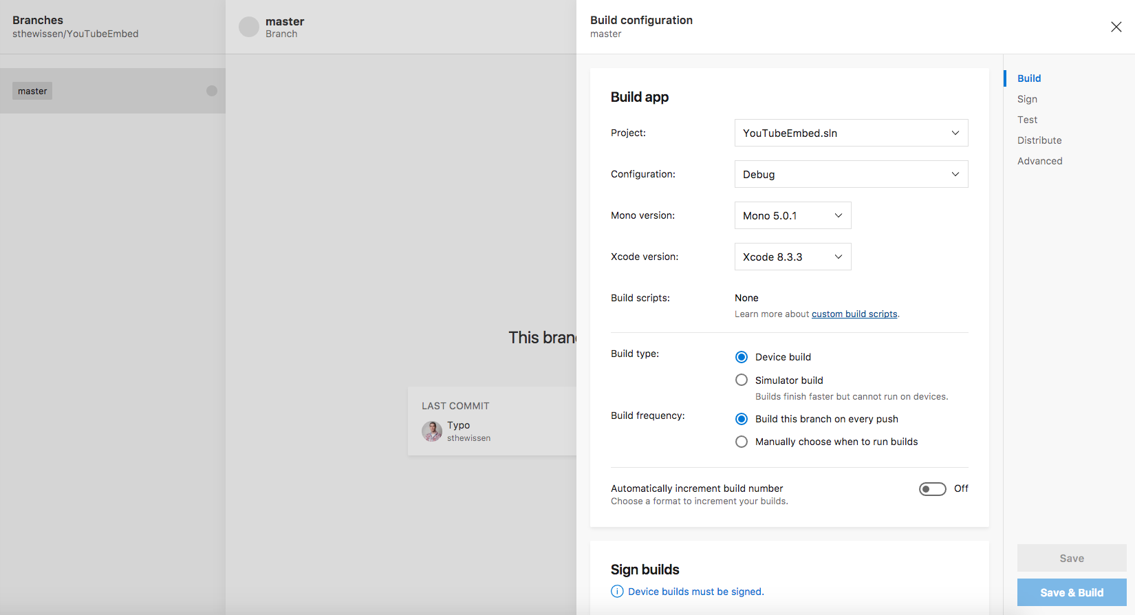 A basic build configuration in Mobile Center