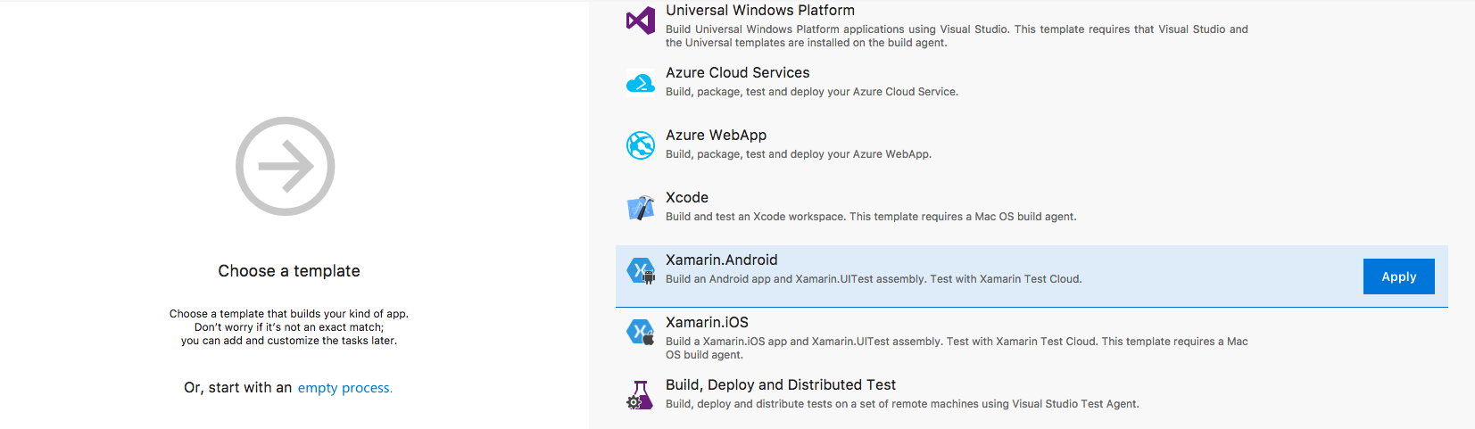 Selecting a Xamarin Android build definition
