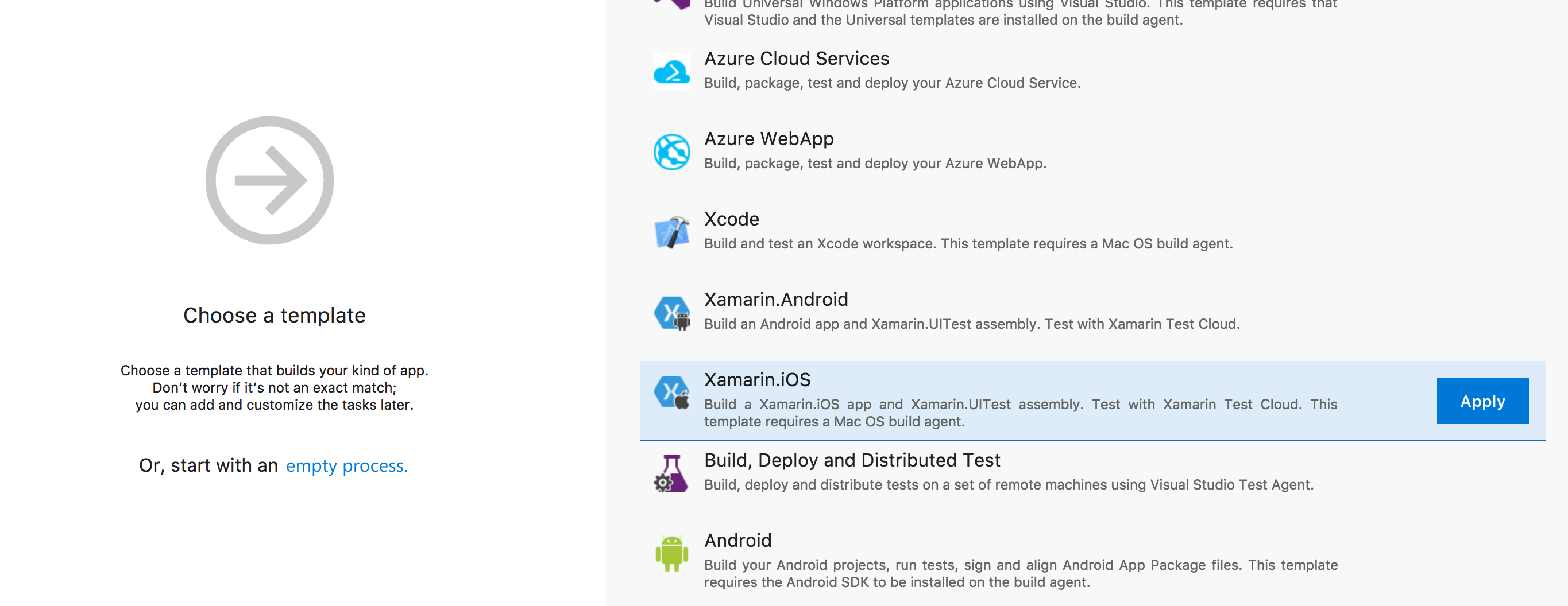 Applying the Xamarin iOS template to our build definition