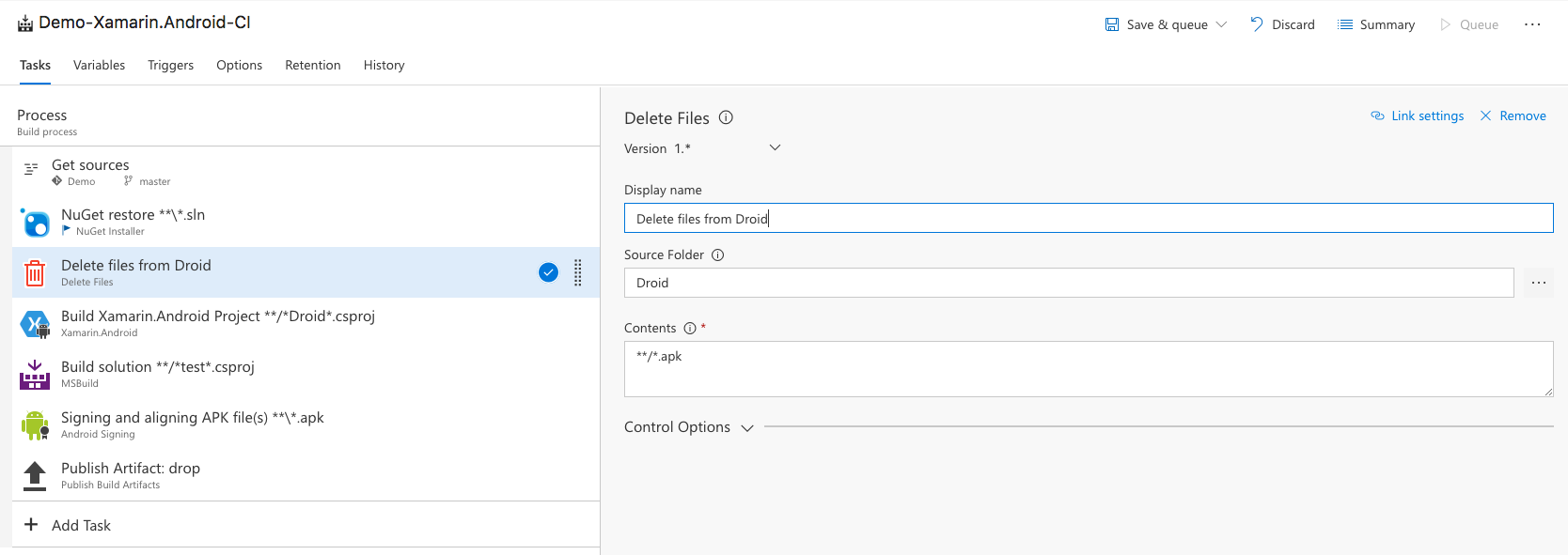 Configure the delete files task