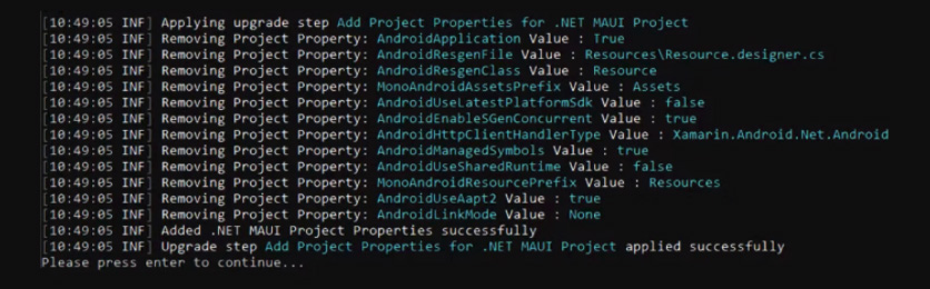 Informational output from the .NET Upgrade Assistant for .NET MAUI.